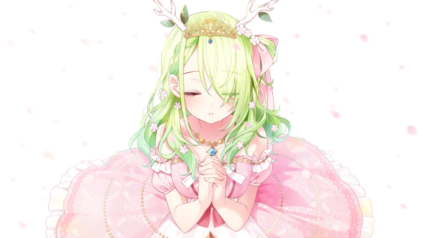 1girl a20_(atsumaru) antlers bangs bare_shoulders blush braid braided_bangs ceres_fauna closed_eyes deer_antlers dress eyebrows_visible_through_hair eyes_visible_through_hair falling_petals flower from_above gem gown green_hair hair_flower hair_ornament hair_over_shoulder hair_ribbon highres hololive hololive_english jewelry long_hair necklace official_art own_hands_clasped own_hands_together parted_bangs parted_lips pearl_(gemstone) petals puffy_short_sleeves puffy_sleeves ribbon short_sleeves side_ponytail sitting solo strapless strapless_dress tiara