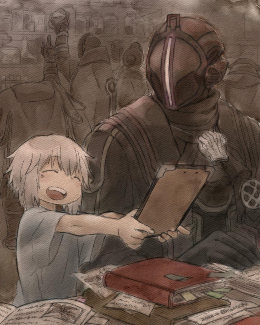 1boy 5others absurdres androgynous arm_up black_coat black_gloves bondrewd book child closed_eyes coat commentary_request covered_face flask gloves grey_hair grey_shirt highres hisatago holding holding_jar jar looking_at_another made_in_abyss multiple_others nanachi_(made_in_abyss)_(human) open_book open_clothes open_coat open_mouth shelf shirt short_hair short_sleeves sketch smile t-shirt twitter_username whistle whistle_around_neck