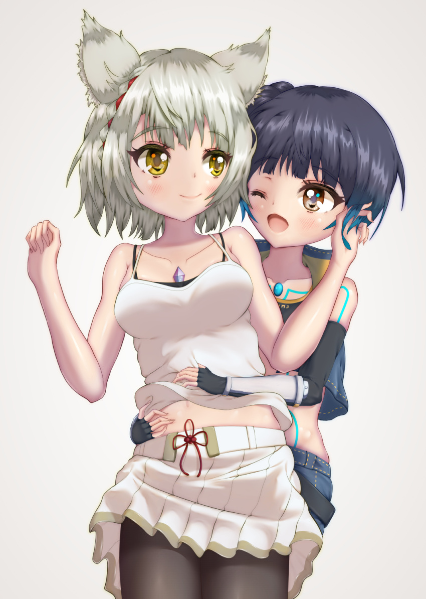2girls animal_ears blue_hair breasts camisole cat_ears cat_girl chest_jewel fiery_hair glowing_lines high_tops highres leggings mio_(xenoblade) multiple_girls navel rirusu sena_(xenoblade) small_breasts tank_top white_camisole white_tank_top xenoblade_chronicles_(series) xenoblade_chronicles_3