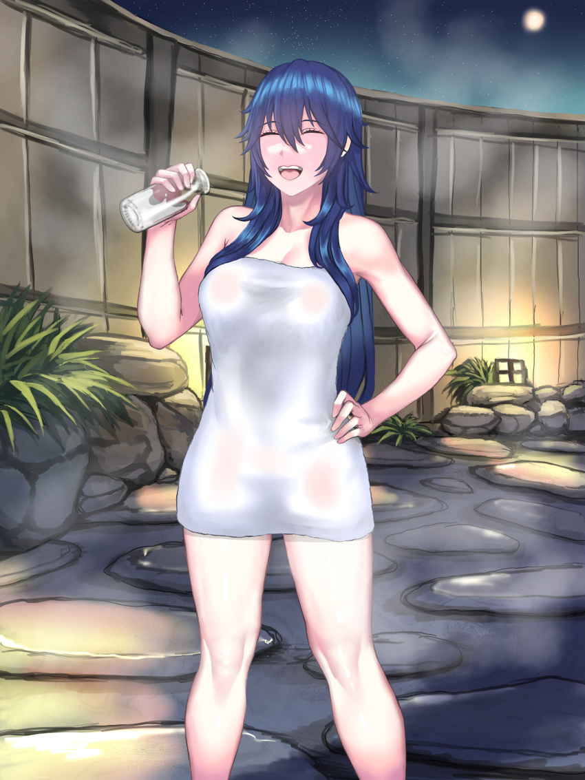 1girl absurdres blue_hair bottle closed_eyes covering fire_emblem fire_emblem_awakening full_moon hand_on_hip highres holding holding_bottle laughing long_hair lucina_(fire_emblem) medium_hair moon naked_towel night night_sky nude_cover onsen pocari66 rock sky smile solo steam stone_floor teeth towel water_spring wet wet_towel