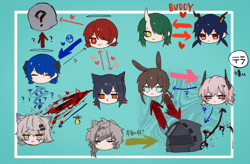 1boy 1other 6+girls :x ? ^_^ amiya_(arknights) animal_ears arknights arrow_(symbol) bangs black_hair blue_background blue_eyes blue_hair brown_eyes ch'en_(arknights) chibi closed_eyes doctor_(arknights) exusiai_(arknights) eyebrows_visible_through_hair green_hair grey_hair hair_between_eyes hair_over_one_eye half-closed_eyes halo highres hood hood_up horns hoshiguma_(arknights) lappland_(arknights) long_hair low_ponytail mostima_(arknights) multiple_girls orange_eyes pink_eyes ponytail rabbit_ears red_eyes redhead relationship_graph senjou_no_pentsu silverash_(arknights) single_horn talulah_(arknights) texas_(arknights) translation_request yellow_eyes