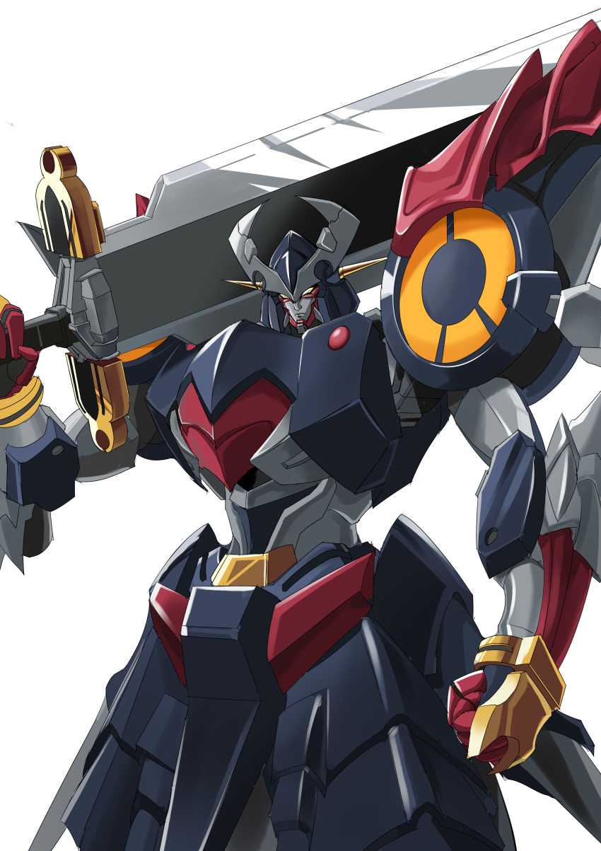 absurdres clenched_hand dygenguar highres holding holding_sword holding_weapon looking_ahead mecha no_humans over_shoulder science_fiction solo super_robot super_robot_wars super_robot_wars_original_generation sword v-fin weapon weapon_over_shoulder white_background zankantou zuolun_cannon