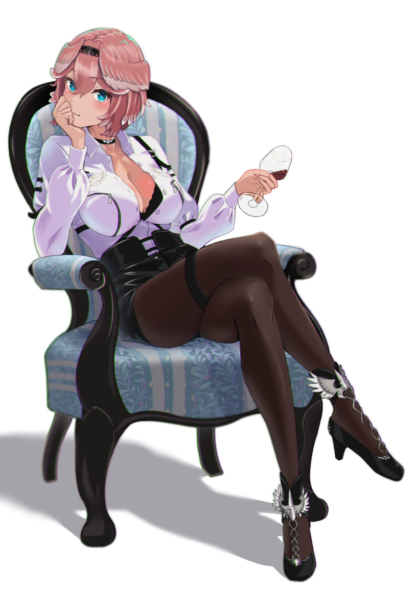 1girl absurdres blue_eyes bra breasts chair choker commentary_request crossed_legs cup drinking_glass eyebrows_visible_through_hair full_body hair_between_eyes head_wings high_heels highres holding holding_cup hololive long_sleeves looking_at_viewer medium_breasts pantyhose pink_hair shadow short_hair shorts simple_background sitting solo takane_lui thigh_strap underwear virtual_youtuber w2ky white_background wine_glass