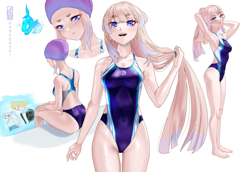 1boy 2girls :t absurdres adjusting_hair aether_(genshin_impact) armpits arms_up back_cutout bangs bare_legs blonde_hair blue_eyes blunt_bangs breasts closed_eyes clothing_cutout competition_swimsuit covered_navel cowboy_shot eyebrows_visible_through_hair feet full_body genshin_impact hair_down highleg highleg_swimsuit highres jealous kamisato_ayaka kashenori legs long_hair looking_at_viewer multiple_girls one-piece_swimsuit open_mouth pink_hair ponytail pout sangonomiya_kokomi short_eyebrows sitting swim_cap swimsuit water wet