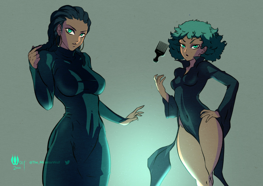 2girls absurdres afro alternate_hair_length alternate_hairstyle alternate_skin_color breasts comb covered_navel dark-skinned_female dark_skin dreadlocks dress earrings english_commentary floating_hair forehead fubuki_(one-punch_man) green_eyes green_hair grey_background hand_on_hip height_difference highres hoop_earrings jewelry large_breasts legs_together long_sleeves looking_at_viewer medium_hair monster_wolf multiple_girls no_panties one-punch_man pelvic_curtain popped_collar short_hair siblings side_slit sisters sleeves_past_wrists small_breasts tatsumaki taut_clothes taut_dress telekinesis thighs turtleneck_dress very_dark_skin wide_sleeves