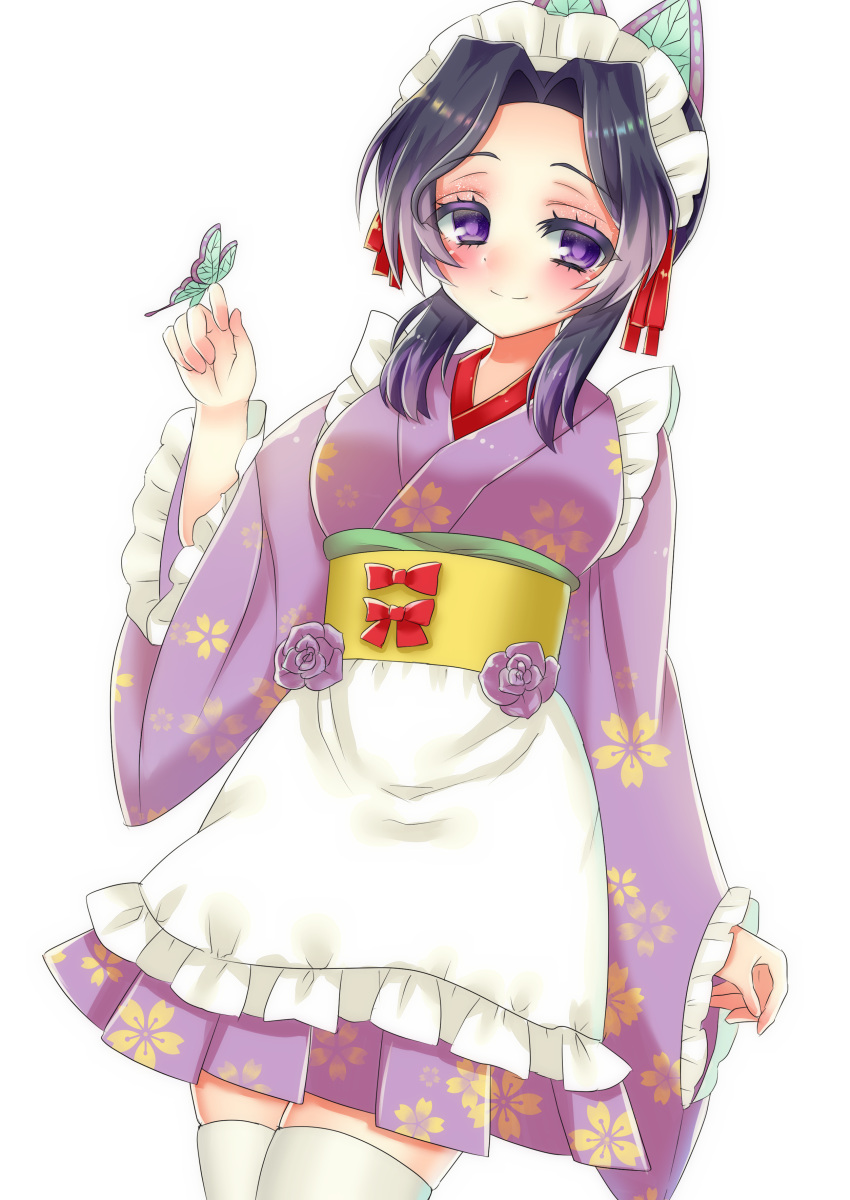1girl absurdres apron bangs blush bug butterfly butterfly_hair_ornament butterfly_on_hand eyebrows_visible_through_hair flower frills hair_ornament highres hinao japanese_clothes kimetsu_no_yaiba kochou_shinobu long_sleeves looking_to_the_side maid_headdress obi parted_bangs purple_hair rose sash skindentation smile solo thick_eyebrows thigh-highs violet_eyes wa_maid waist_apron wide_sleeves zettai_ryouiki