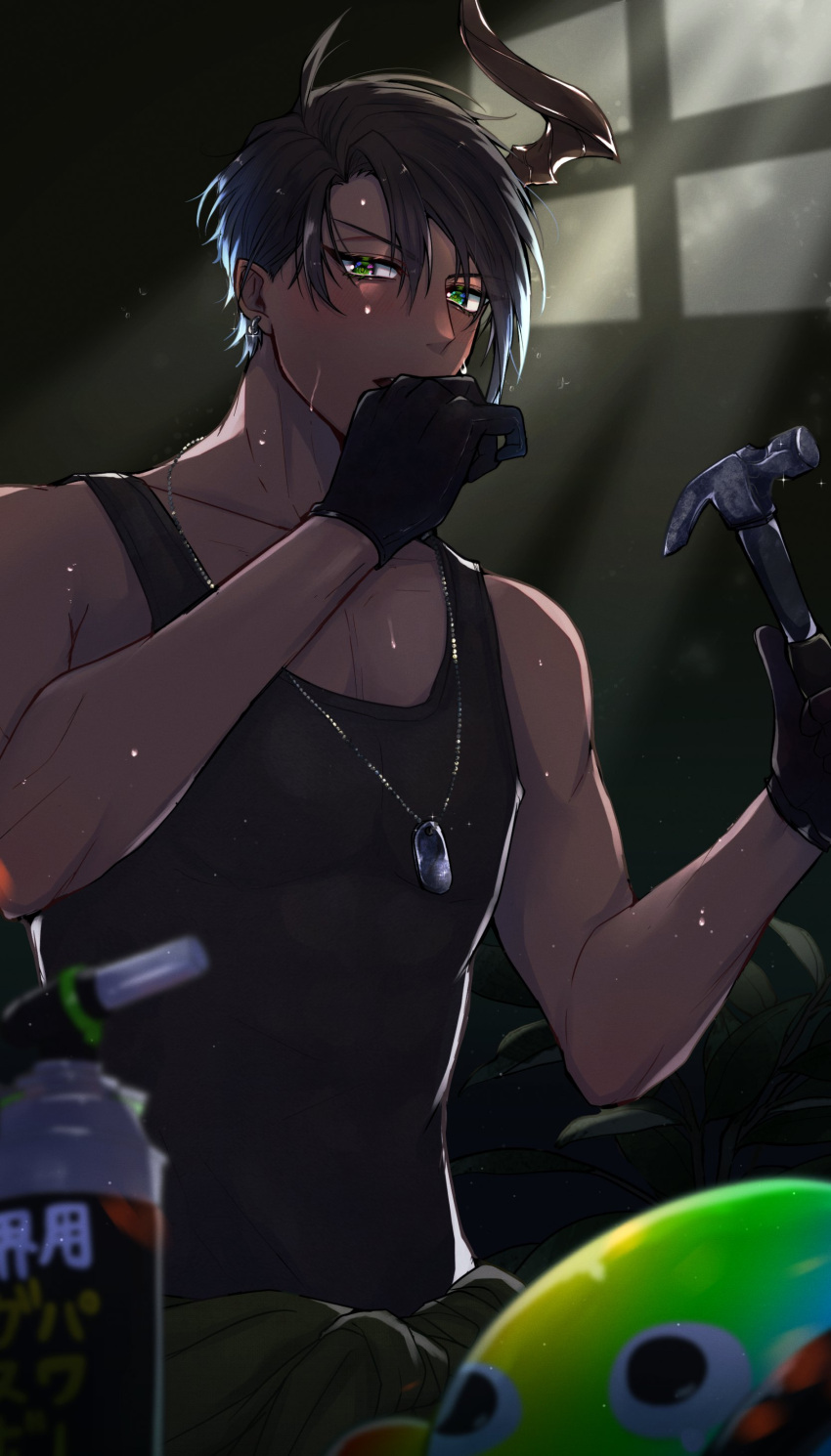 1boy absurdres aragami_oga backlighting black_gloves black_hair black_tank_top blurry blush clothes_around_waist dark-skinned_male dark_skin depth_of_field dog_tags earrings gloves green_eyes hammer highres holding holding_hammer holostars horns jewelry looking_at_viewer male_focus omaesan_(aragami_oga) open_mouth plant sasago335 short_hair single_horn solo sweat tank_top toned toned_male torch upper_body virtual_youtuber window wiping_sweat