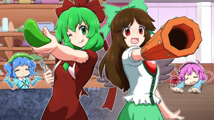 4girls :q arm_cannon bangs bird_wings black_wings blue_eyes blue_hair blue_shirt bow brown_hair closed_eyes closed_mouth collared_shirt commentary commission control_rod cowboy_shot dress elbow_gloves english_commentary eyeball flat_cap frilled_sleeves frills front_ponytail gloves green_bow green_eyes green_hair green_headwear green_skirt hair_bobbles hair_bow hair_ornament hat help_me_remember_satori-sama! hina-chan's_big_trade!_millionaire_lunch kagiyama_hina kawashiro_nitori key komeiji_satori long_hair long_sleeves looking_at_viewer medium_hair multiple_girls one_eye_closed open_mouth pink_hair puffy_short_sleeves puffy_sleeves rakkidei red_dress red_eyes reiuji_utsuho shelf shirt short_hair short_sleeves skirt smile third_eye tongue tongue_out touhou two_side_up weapon white_shirt wings