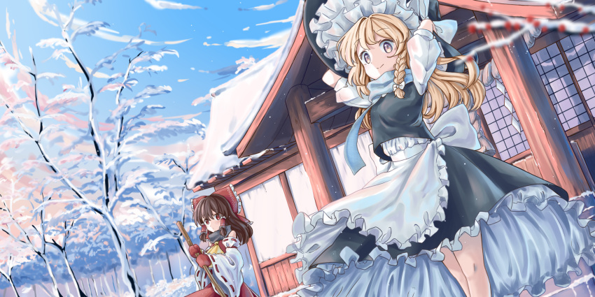 2girls apron architecture arms_behind_head ascot bare_tree black_headwear black_skirt black_vest blush bow braid broom brown_hair building closed_mouth clouds commentary day detached_sleeves east_asian_architecture frilled_bow frilled_hair_tubes frills grey_scarf hair_bow hair_tubes hakurei_reimu hat hat_bow highres holding holding_broom kirisame_marisa long_hair long_sleeves looking_at_viewer multiple_girls onbashira outdoors puffy_short_sleeves puffy_sleeves red_bow red_eyes red_mittens red_skirt red_vest ribbon-trimmed_sleeves ribbon_trim scarf shide shirt short_sleeves shrine sidelocks single_braid skirt skirt_set sky smile snow t-hou touhou tree vest waist_apron waist_bow white_apron white_bow white_shirt white_sleeves wide_sleeves winter witch_hat yellow_ascot yellow_eyes