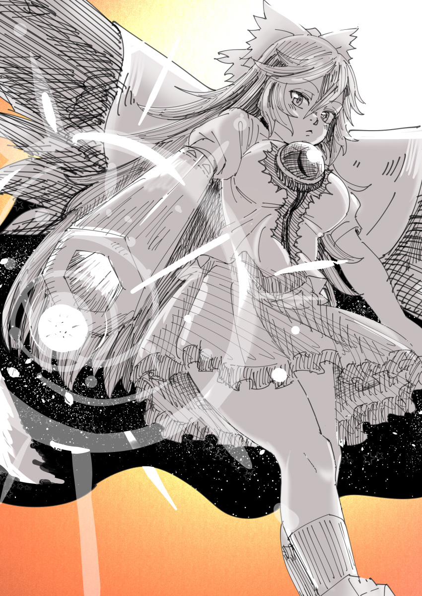 1girl :&lt; absurdres aiming_at_viewer arm_cannon bangs bird_wings blush bow breasts cape closed_mouth collared_shirt commentary control_rod energy expressionless feet_out_of_frame frilled_skirt frills gradient gradient_background greyscale_with_colored_background hair_between_eyes hair_bow highres large_breasts long_hair looking_at_viewer orange_background puffy_short_sleeves puffy_sleeves reiuji_utsuho shirt short_sleeves skirt solo starry_sky_print third_eye touhou weapon wings zyaga53