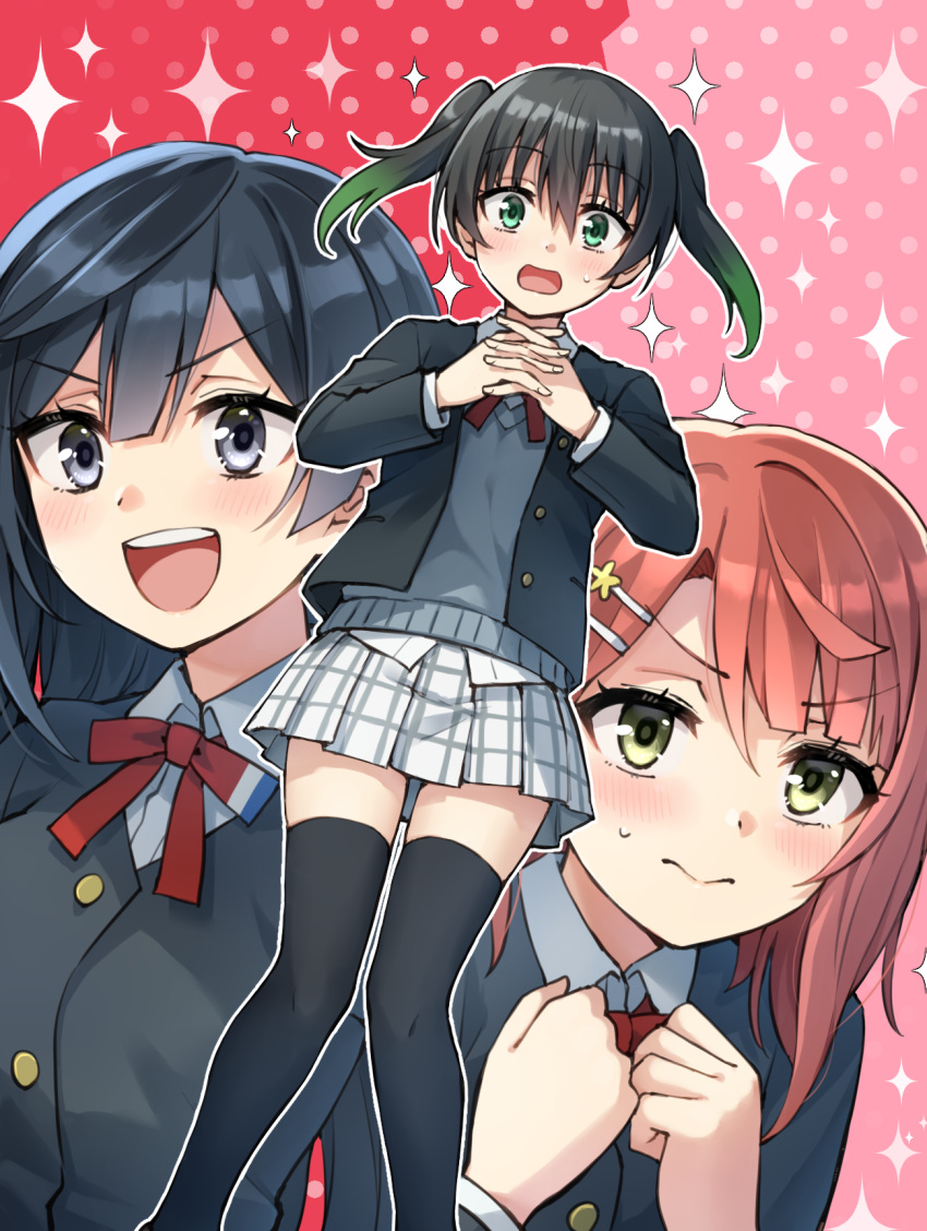 3girls :d bangs black_hair black_jacket black_legwear blazer blush bow brown_eyes brown_hair clenched_hands closed_mouth collared_shirt commentary_request dress_shirt eyebrows_visible_through_hair gradient_hair green_eyes green_hair grey_eyes hair_between_eyes hair_ornament hairclip hands_up highres interlocked_fingers jacket long_hair long_sleeves love_live! love_live!_nijigasaki_high_school_idol_club multicolored_hair multiple_girls open_clothes open_jacket pink_background pleated_skirt polka_dot polka_dot_background red_background red_bow shirt skirt smile somechime_(sometime1209) sweat sweater_vest takasaki_yuu thigh-highs two-tone_background uehara_ayumu v-shaped_eyebrows white_shirt white_skirt yuuki_setsuna_(love_live!)