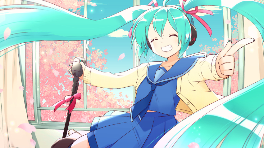 1girl bangs blue_eyes blue_hair cardigan cherry_blossoms closed_eyes curtains eyebrows_visible_through_hair falling_petals fisheye grin hair_ribbon hatsune_miku headphones high_heels highres holding holding_microphone long_hair microphone microphone_stand midriff_peek mikona_honey nail_polish neckerchief petals pleated_skirt pointing pointing_at_viewer ribbon school_uniform serafuku skirt sky smile solo standing standing_on_one_leg tree twintails very_long_hair vocaloid window