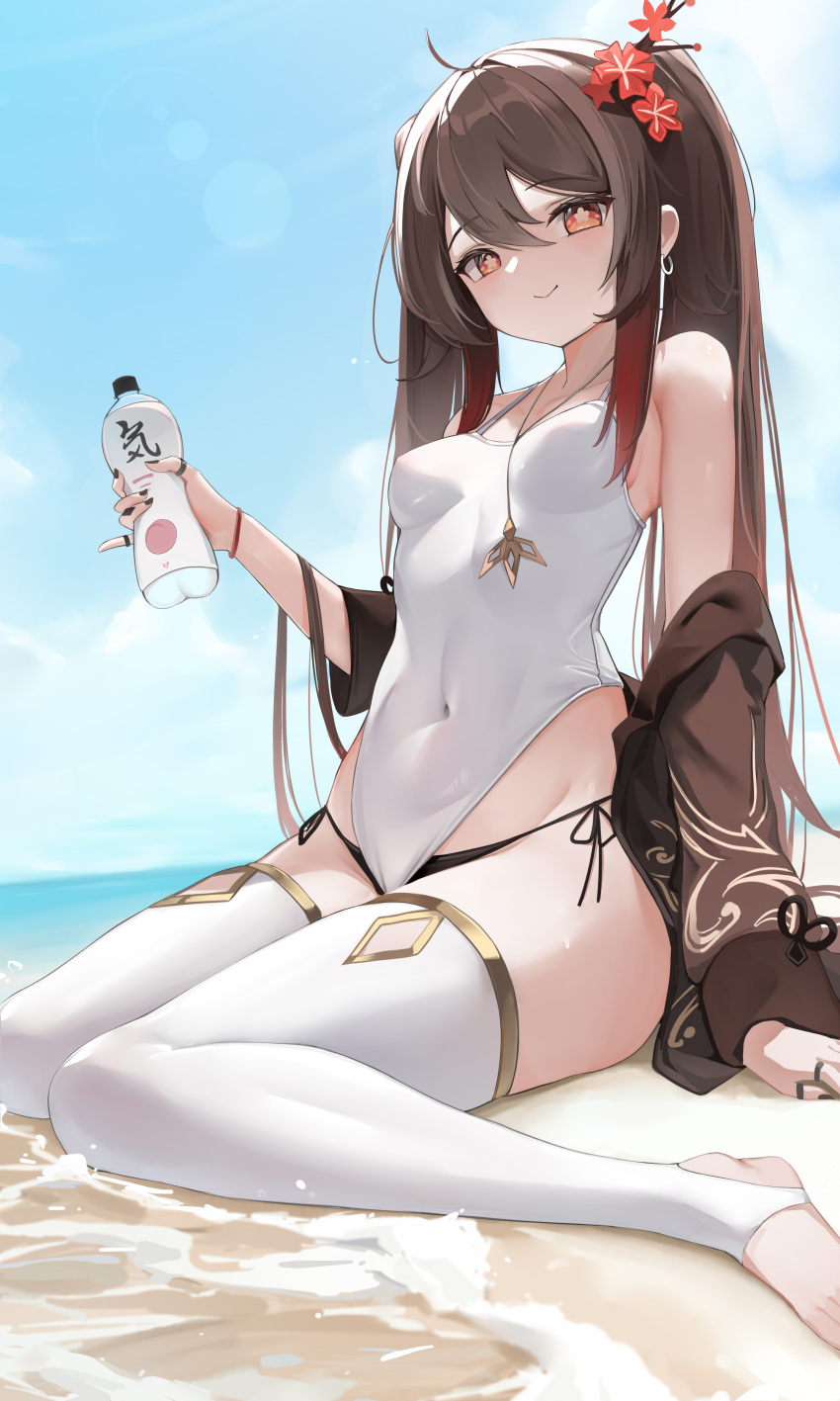 1girl absurdres ahoge alternate_costume bare_shoulders beach berserker_r bikini bikini_bottom_only black_nails bottle breasts brown_hair brown_jacket closed_mouth drink earrings flower flower-shaped_pupils genshin_impact gold_trim gradient_hair hair_flower hair_ornament highres holding holding_bottle holding_drink hu_tao_(genshin_impact) jacket jewelry long_hair multicolored_hair multiple_rings off_shoulder pinky_out plum_blossoms red_eyes redhead ring sand sitting small_breasts smile solo stirrup_legwear streaked_hair swimsuit symbol-shaped_pupils thigh-highs thighs toeless_legwear twintails wariza water white_legwear white_swimsuit
