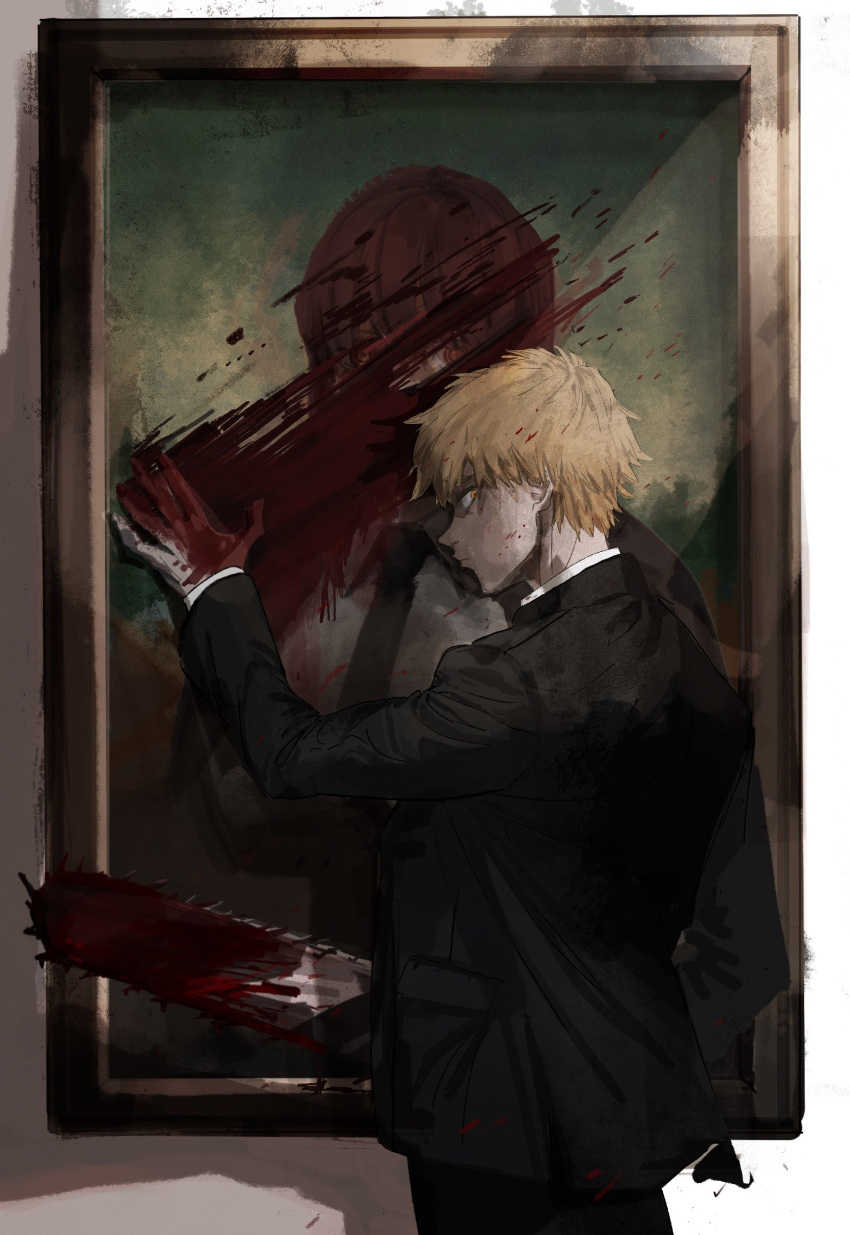 1boy 1girl absurdres black_jacket black_necktie black_pants blonde_hair blood blood_on_face blood_on_weapon blood_splatter chainsaw chainsaw_man commentary denji_(chainsaw_man) highres jacket long_sleeves looking_at_viewer looking_back makima_(chainsaw_man) mona_lisa necktie painting_(action) painting_(object) pants redhead ringed_eyes shadow short_hair solo_focus tasuketemama weapon