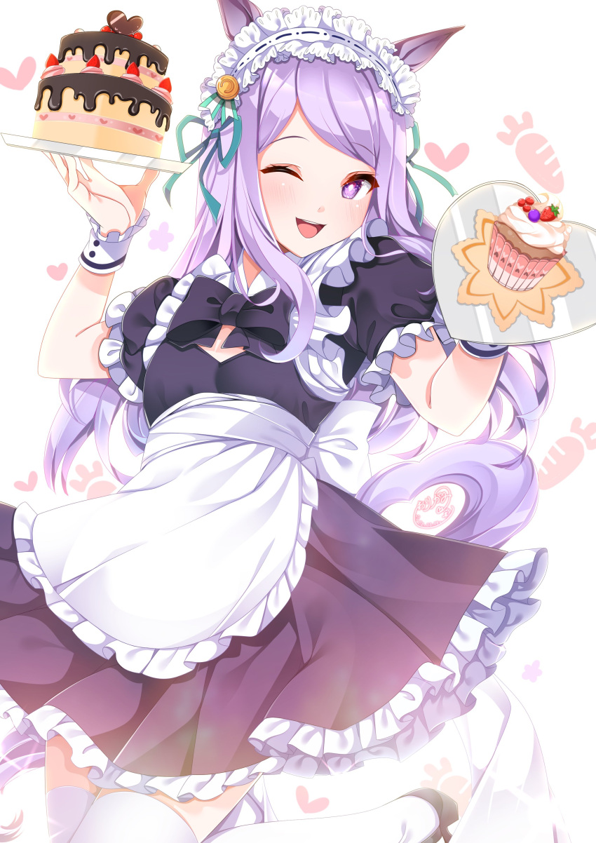 absurdres alternate_costume animal_ears blush cake cupcake food frills highres horse_ears horse_tail long_hair looking_at_viewer maid maid_headdress mejiro_mcqueen_(umamusume) one_eye_closed open_mouth origami_aya purple_hair simple_background tail thigh-highs umamusume violet_eyes white_background white_legwear