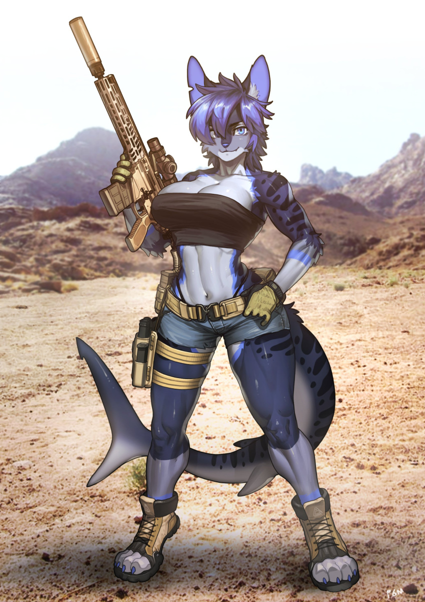1girl absurdres animal_ears assault_rifle belt belt_buckle blue_eyes blue_hair breasts buckle collarbone commission denim denim_shorts fang full_body fur furry furry_female gloves gun handgun highres holding holding_gun holding_weapon holster holstered_weapon large_breasts looking_at_viewer magazine_(weapon) midriff muscular muscular_female navel original outdoors panties pgm300 pistol pouch rifle scope short_hair shorts skindentation smile solo standing strapless suppressor tail tube_top underwear weapon