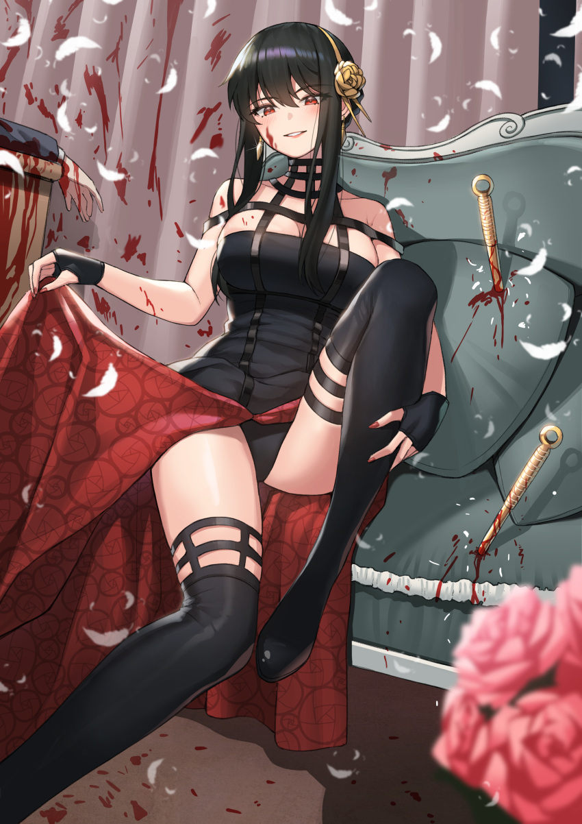 1girl absurdres black_gloves black_hair black_panties blood blood_on_face blood_on_weapon blurry boots breasts clothes_lift corpse couch dagger depth_of_field falling_feathers feathers fingerless_gloves floral_print flower foot_out_of_frame gloves gold_hairband grin highres knife large_breasts long_hair nanni_jjang panties pink_flower pink_rose planted planted_knife red_nails rose rose_print sitting skirt skirt_lift smile solo spikes spy_x_family thigh-highs thigh_boots thighs two-tone_dress underwear weapon yor_briar