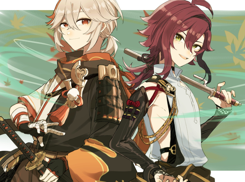 2boys absurdres ahoge armor bandaged_hand bandages bangs black_hair closed_mouth genshin_impact green_eyes grey_hair highres holding holding_sword holding_weapon japanese_armor japanese_clothes jitte kaedehara_kazuha katana kote kurokote leaf looking_at_viewer male_focus multicolored_hair multiple_boys parted_lips ponytail red_eyes redhead ryu_genshin77 shikanoin_heizou streaked_hair sword symbol-only_commentary tassel weapon