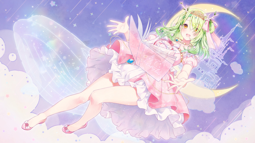1girl a20_(atsumaru) antlers bangs bare_shoulders book braid braided_bangs castle ceres_fauna clouds crescent_moon deer_antlers detached_sleeves dress eyebrows_visible_through_hair flats flower frills gem green_hair hair_flower hair_ornament highres hololive hololive_english jewelry layered_dress long_hair moon necklace off-shoulder_dress off_shoulder official_art outstretched_arms parted_bangs pearl_(gemstone) petticoat puffy_short_sleeves puffy_sleeves rainbow short_sleeves sky solo star_(sky) strapless strapless_dress tiara transparent yellow_eyes
