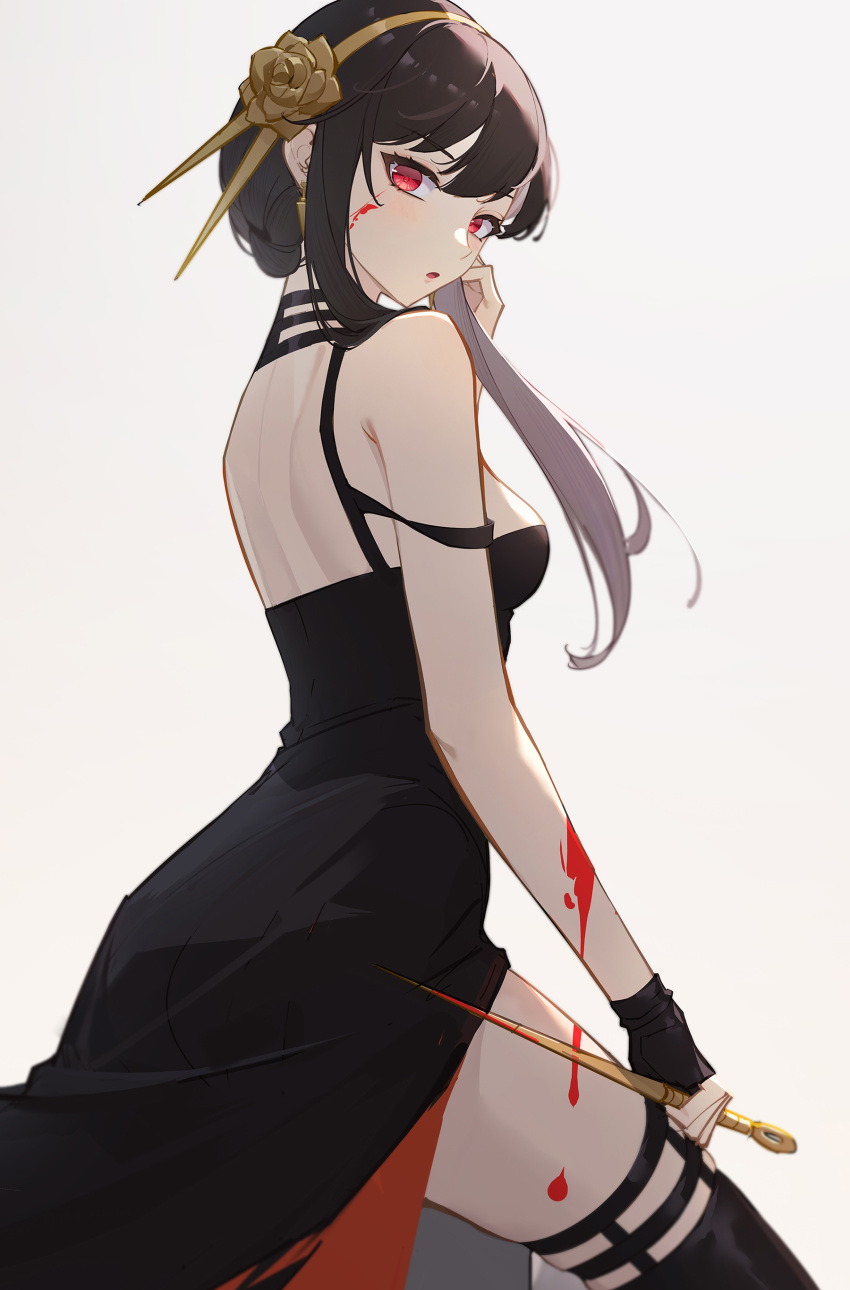 1girl :o absurdres back black_dress black_gloves black_hair black_legwear blood blood_on_arm blood_on_face blood_on_leg blood_on_weapon breasts dress fingerless_gloves flower from_side gloves gold_hairband hair_flower hair_ornament hand_up highres lance_(lancelliu) long_hair looking_at_viewer looking_to_the_side medium_breasts parted_lips rose sidelocks simple_background skindentation solo spikes spy_x_family strap_slip thigh-highs two-sided_dress two-sided_fabric weapon white_background yor_briar zettai_ryouiki