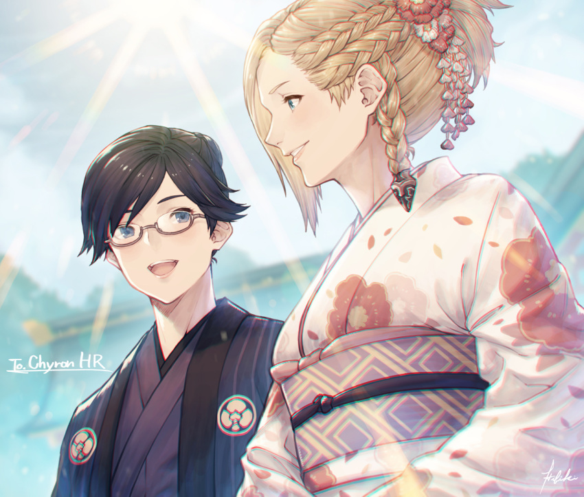 2girls avatar_(ff14) black_hair blonde_hair blue_eyes braid commission final_fantasy final_fantasy_xiv floral_print glasses hair_bun hair_ornament hatsumoude ivris japanese_clothes kimono looking_at_another minfilia_warde multiple_girls obi sash signature skeb_commission smile sunlight torii upper_body