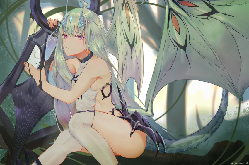 1girl black_nails dragon_tail fairy_knight_lancelot_(final_ascension)_(fate) fate/grand_order fate_(series) highres iamthreeeight long_hair revealing_clothes solo tail violet_eyes white_hair wings