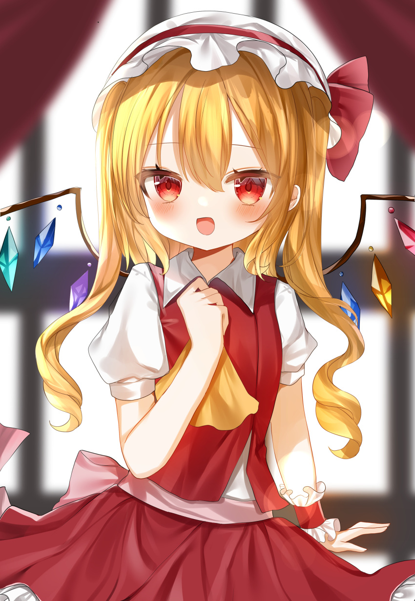 1girl :d absurdres ascot bangs blonde_hair blurry blurry_background blush crystal depth_of_field eyebrows_visible_through_hair flandre_scarlet hair_between_eyes hat hat_ribbon highres indoors long_hair looking_at_viewer mob_cap okome2028 open_mouth puffy_short_sleeves puffy_sleeves red_eyes red_ribbon red_skirt red_vest ribbon shirt short_sleeves skirt skirt_set smile solo touhou vest white_shirt wings