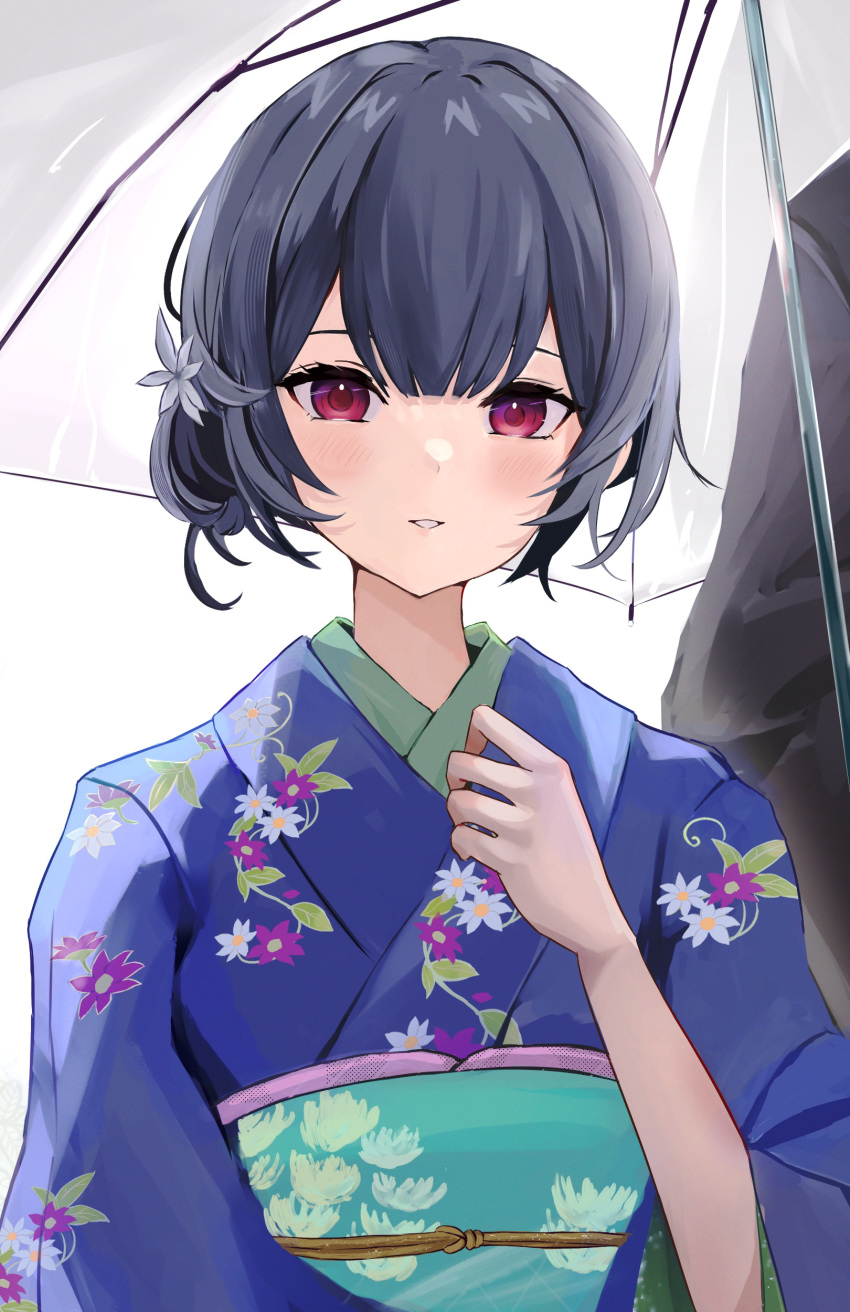 1boy 1girl :o absurdres blue_kimono blush dark_blue_hair floral_print flower hair_bun hair_flower hair_ornament head_out_of_frame highres hz_paris idolmaster idolmaster_shiny_colors japanese_clothes kimono looking_at_viewer morino_rinze obi print_kimono producer_(idolmaster) red_eyes sash solo_focus umbrella upper_body