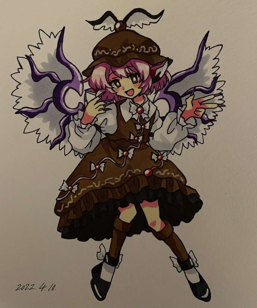1girl bird_wings black_footwear brown_dress brown_eyes brown_headwear dated dress eyebrows_visible_through_hair fingernails frilled_dress frills full_body furiba_794 hair_between_eyes highres long_fingernails long_sleeves mystia_lorelei nail_polish one-hour_drawing_challenge open_mouth pink_hair purple_nails sharp_fingernails shoes short_hair smile solo touhou traditional_media white_wings winged_hat wings