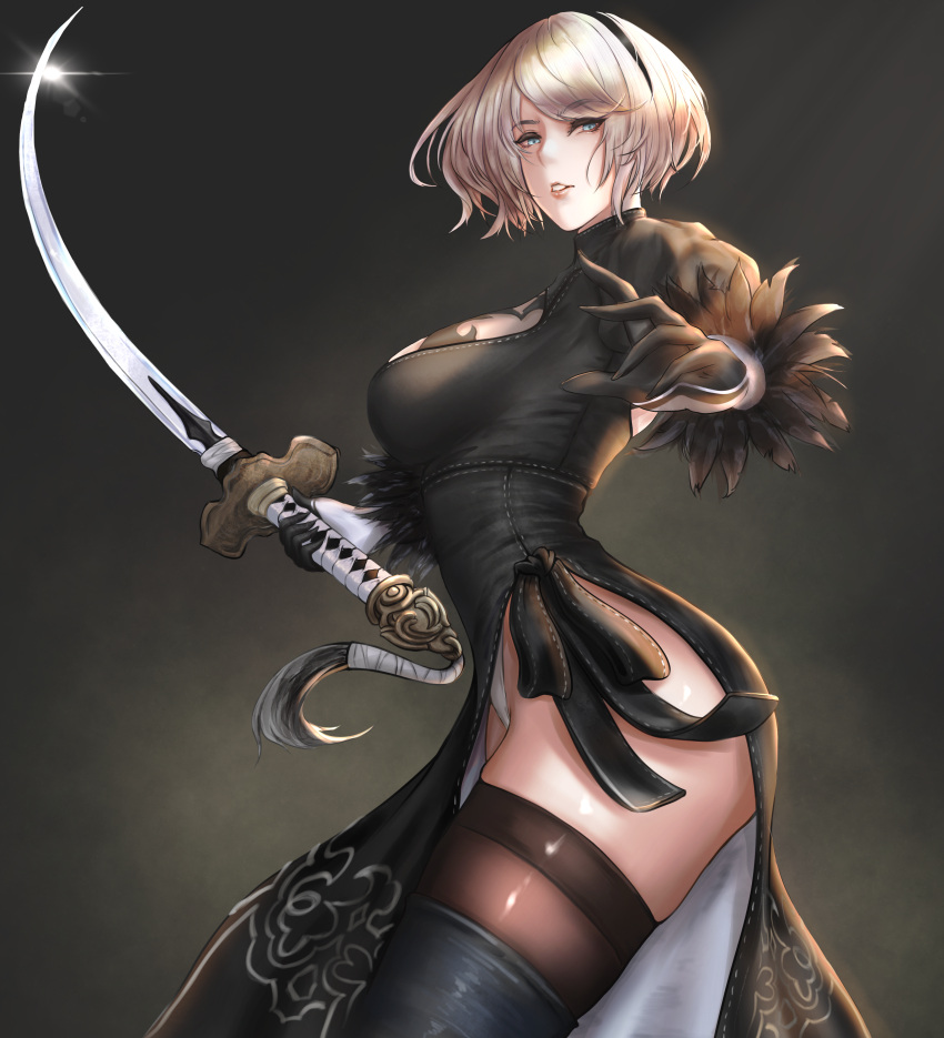 1girl absurdres bangs black_dress black_legwear blue_eyes breasts commentary dress duchessofarmeria eyebrows_visible_through_hair feather_trim from_side gloves gradient gradient_background hair_ornament hairband highres holding holding_sword holding_weapon lips looking_at_viewer medium_breasts nier_(series) nier_automata parted_lips shiny shiny_skin short_hair side_slit simple_background sword thigh-highs thighs turtleneck weapon white_hair yorha_no._2_type_b