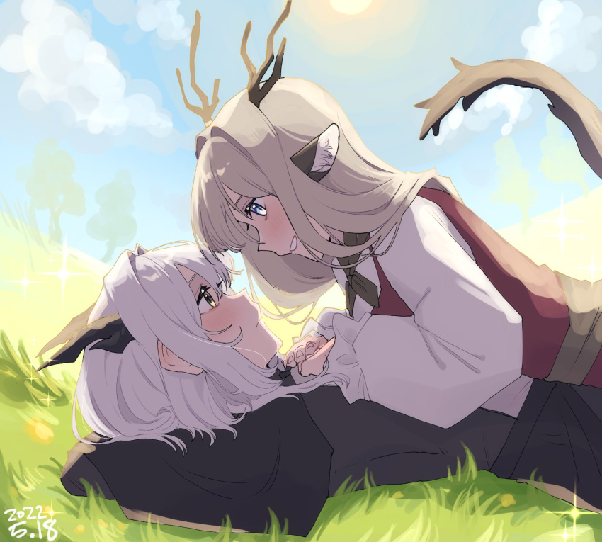 2girls alina_(arknights) animal_ears arknights arms_behind_head black_neckerchief black_shirt blue_eyes blue_sky clouds cloudy_sky dated deer_antlers deer_ears deer_girl dragon_girl dragon_horns dragon_tail dress eye_contact face-to-face grass highres horns kawaii_inu5 looking_at_another lying_on_person multiple_girls neckerchief outdoors pinafore_dress red_shirt shirt sky sun tail talulah_(arknights) tree white_dress yellow_eyes yuri