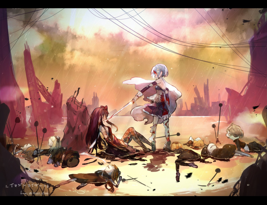 2girls akuma_homura argyle argyle_legwear black_hair blonde_hair blood blood_on_clothes blood_on_face blue_footwear blue_hair boots breasts cape character_request cityscape detached_sleeves from_side highres long_hair mahou_shoujo_madoka_magica mahou_shoujo_madoka_magica_movie medium_breasts miki_sayaka multiple_girls mzk0526 rain rebellion_(sword) saber_(weapon) short_hair sitting sword sword_to_throat thigh-highs thighs twitter_username weapon white_cape white_legwear