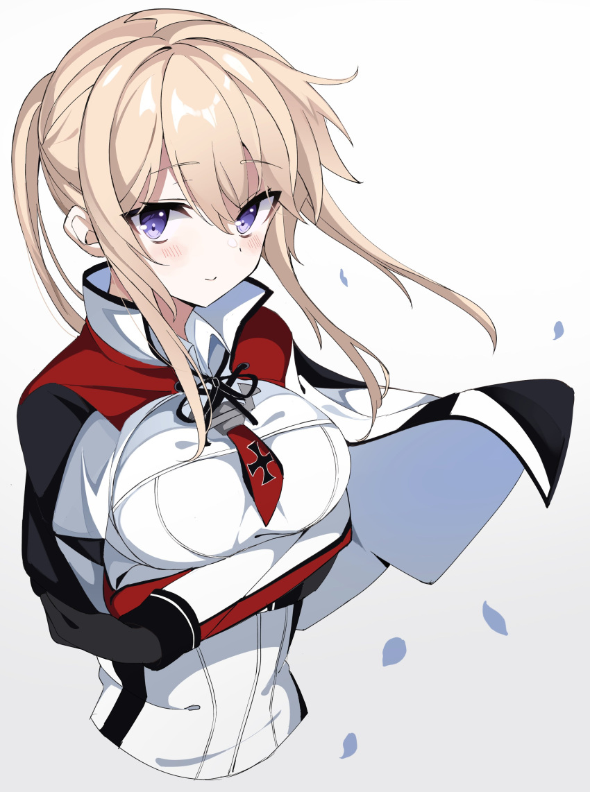 1girl absurdres arms_under_breasts bangs black_gloves blonde_hair blush breasts capelet closed_mouth cropped_torso eyebrows_visible_through_hair fathom gloves gradient gradient_background graf_zeppelin_(kancolle) hair_between_eyes high_collar highres impossible_clothes jacket kantai_collection large_breasts looking_at_viewer military military_jacket military_uniform necktie sidelocks smile solo twintails uniform upper_body white_background white_capelet white_jacket