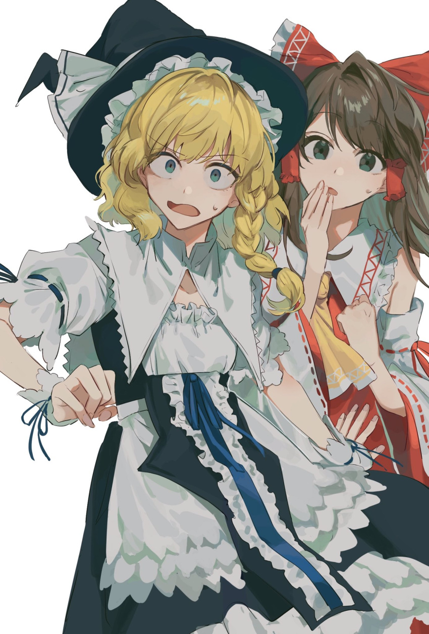 2girls apron ascot bangs bare_shoulders black_dress black_headwear blonde_hair blue_ribbon bow braid brown_hair commentary detached_sleeves dress eyebrows_visible_through_hair frilled_bow frilled_dress frilled_hair_tubes frilled_hat frilled_shirt_collar frills green_eyes hair_bow hair_tubes hakurei_reimu hand_on_own_chest hand_to_own_mouth hat hat_ribbon highres kirisame_marisa looking_at_viewer medium_hair multiple_girls open_mouth puffy_short_sleeves puffy_sleeves raised_eyebrows red_bow red_ribbon red_skirt red_vest ribbon ribbon-trimmed_sleeves ribbon_trim short_sleeves single_braid skirt surprised sweatdrop tilted_headwear touhou v-shaped_eyebrows vest waist_apron wavy_mouth white_apron white_background white_ribbon witch_hat wrist_cuffs yanfei_u yellow_ascot