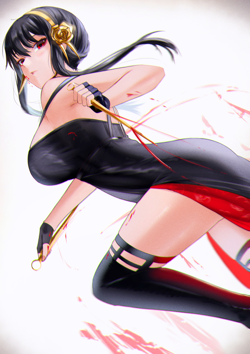 1girl black_dress black_gloves black_hair black_legwear blood blood_on_face blood_on_weapon breasts cliov dress flower from_side gloves gold_hairband highres large_breasts looking_at_viewer parted_lips red_eyes rose solo spikes spy_x_family thigh-highs thighs two-sided_dress two-sided_fabric weapon yor_briar