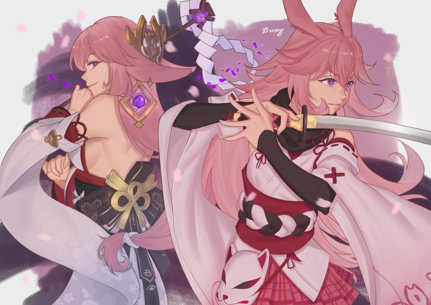 2girls absurdres animal_ears artist_name back back-to-back bangs bare_shoulders border closed_mouth company_connection crossover earrings fox_ears fox_mask genshin_impact grey_border hair_ornament highres holding holding_sword holding_weapon honkai_(series) honkai_impact_3rd japanese_clothes jewelry katana long_hair mask mihoyo_technology_(shanghai)_co._ltd. miko multiple_girls pink_background pink_hair pink_skirt sakura_ayane skirt smile sword trait_connection violet_eyes voice_actor_connection weapon white_sleeves yae_miko yae_sakura yae_sakura_(gyakushinn_miko) yjwong