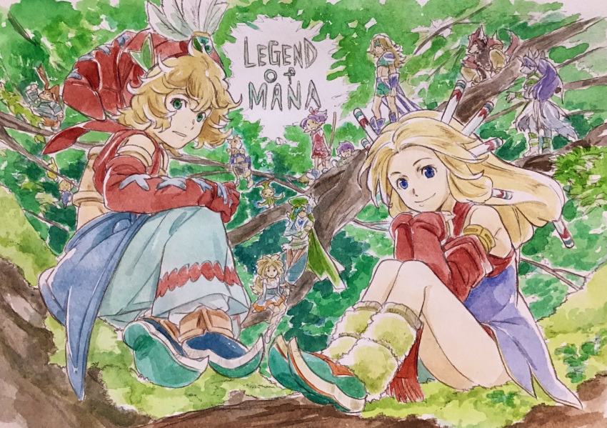 closed_mouth full_body highres imu_(lom) legend_of_mana long_hair looking_at_viewer multiple_boys multiple_girls seiken_densetsu sierra smile toto_(lom)