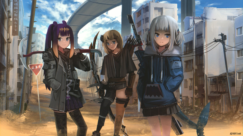 3girls anonamos bangs blonde_hair blue_hair bow_(weapon) building city clouds day fish_tail gawr_gura gun hair_ornament highres hololive hololive_english ice_axe multicolored_hair multiple_girls ninomae_ina'nis outdoors ponytail power_lines purple_hair road_sign ruins shark_tail sign skirt sky streaked_hair tail tentacle_hair utility_pole virtual_youtuber watson_amelia weapon