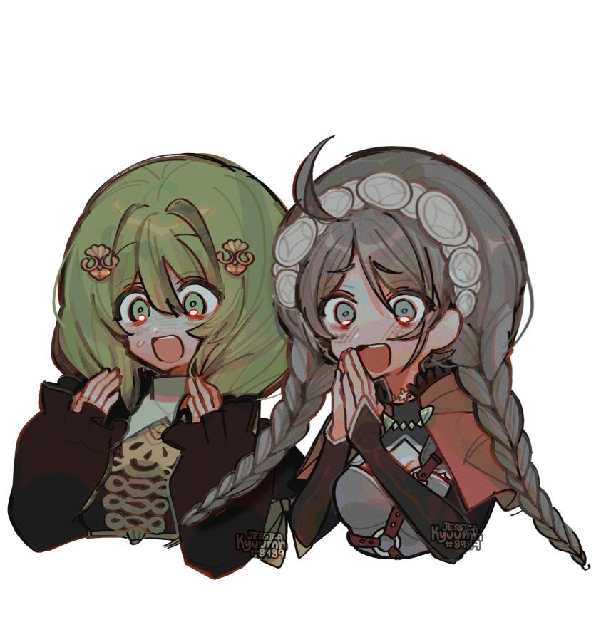 2girls ahoge bangs blue_eyes braid capelet commission commissioner_upload fire_emblem fire_emblem:_three_houses fire_emblem_fates flayn_(fire_emblem) green_eyes hairband highres hood hooded_capelet kyuumn multiple_girls nina_(fire_emblem) non-web_source open_mouth twin_braids upper_body