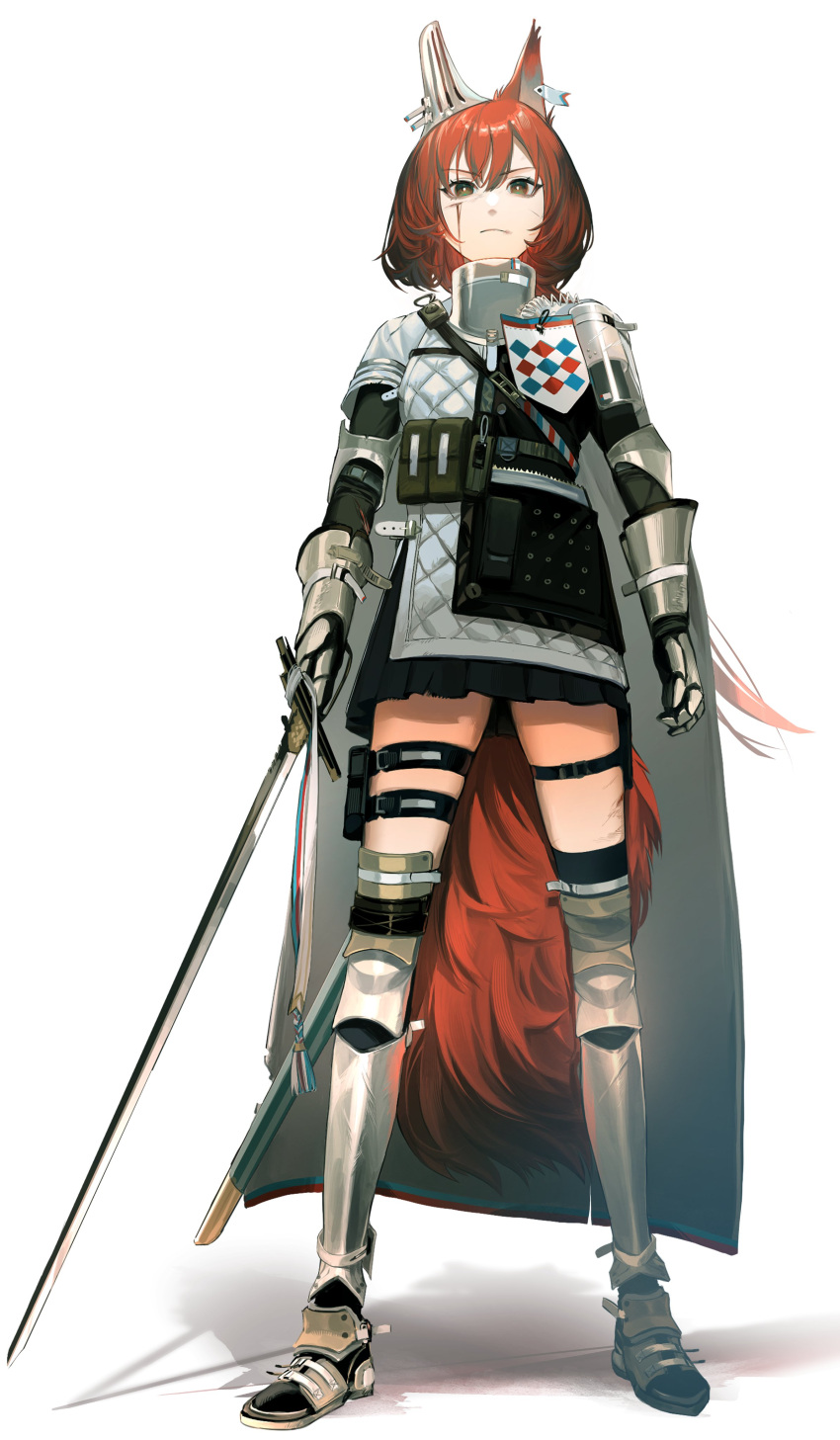 1girl absurdres animal_ears arknights armor belt_pouch black_footwear black_legwear black_skirt brown_eyes cape closed_mouth coat commentary cuts dirty ear_armor eyebrows_visible_through_hair flametail_(arknights) full_body gauntlets greaves hair_between_eyes highres holding holding_sword holding_weapon injury knee_pads legs_apart long_hair looking_at_viewer miniskirt oxy_ho2 pleated_skirt pouch redhead shoes shoulder_armor simple_background single_thighhigh skindentation skirt solo squirrel_ears squirrel_girl squirrel_tail standing strap sword tail thigh-highs thigh_pouch thigh_strap thighs v-shaped_eyebrows weapon white_background white_cape white_coat
