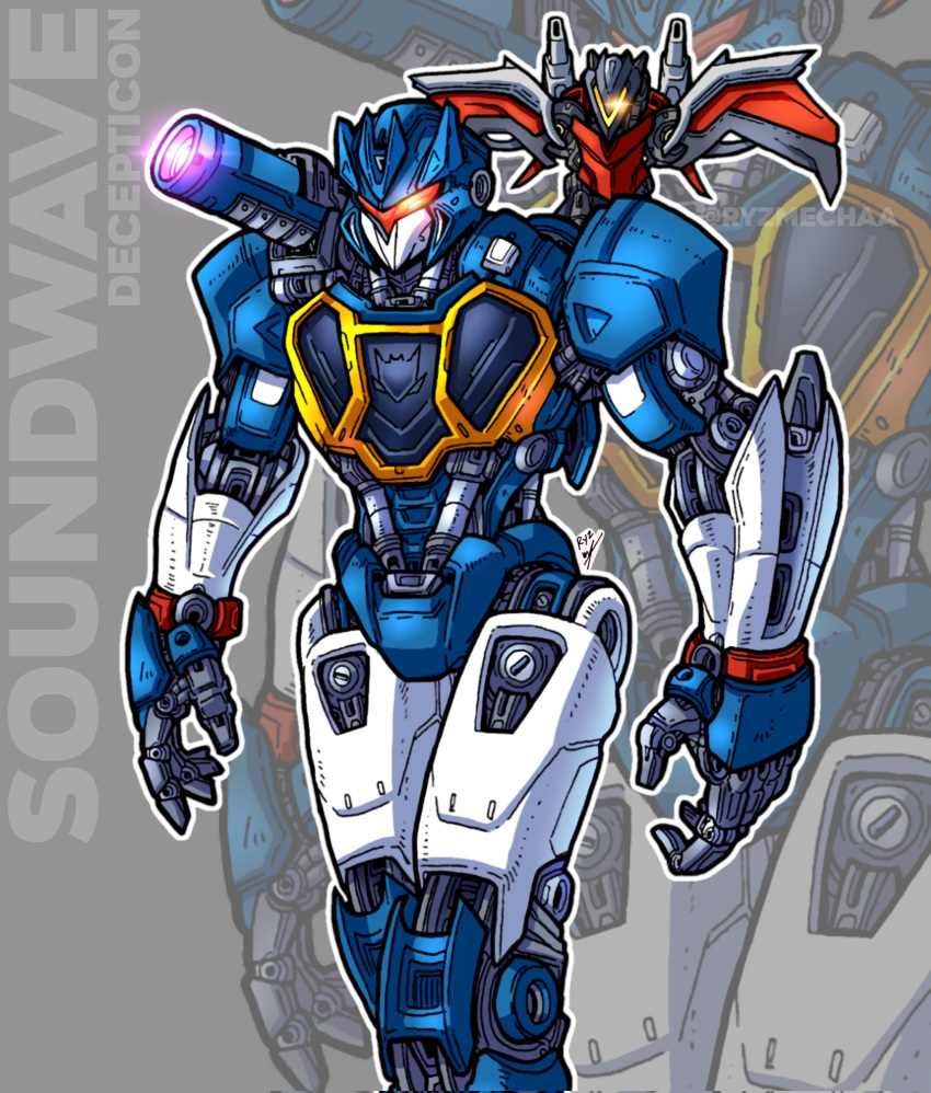 decepticon english_commentary glowing highres laserbeak mecha no_humans open_hands piston redesign ryzmechaa science_fiction shoulder_cannon solo_focus soundwave_(transformers) transformers twitter_username visor