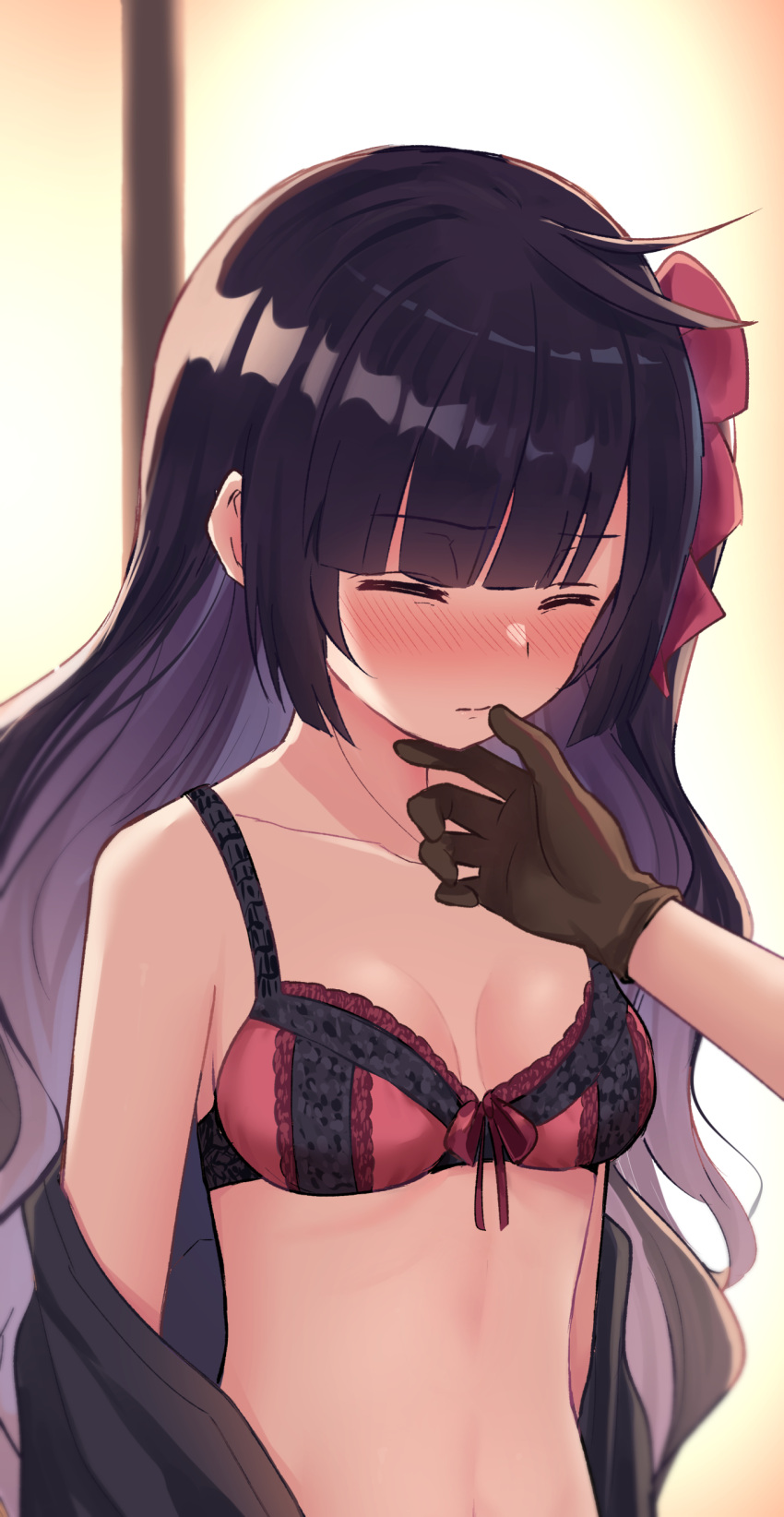 1girl absurdres bangs black_hair blunt_bangs blush bra breasts brown_gloves chizu_ranka closed_eyes closed_mouth collarbone colored_inner_hair embarrassed eyebrows_visible_through_hair gloves grey_hair highres k_(yzhw8387) lingerie long_hair magia_record:_mahou_shoujo_madoka_magica_gaiden mahou_shoujo_madoka_magica midriff multicolored_hair red_bra red_ribbon ribbon small_breasts solo_focus stomach two-tone_hair underwear