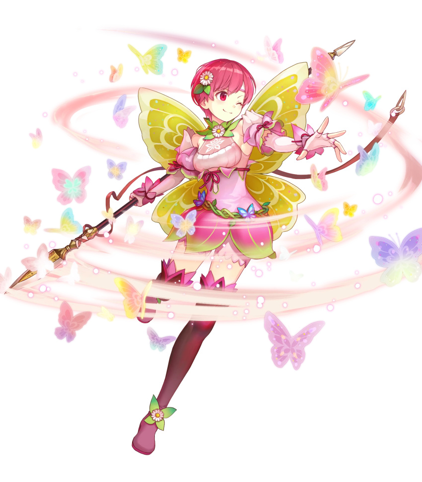 1girl alternate_costume bangs belt boots breasts bug butterfly closed_mouth detached_collar dress elbow_gloves est_(fire_emblem) fairy_wings fingerless_gloves fire_emblem fire_emblem:_mystery_of_the_emblem fire_emblem_heroes full_body gloves gradient gradient_clothes hair_ornament headband highres holding holding_weapon konfuzikokon leg_up looking_away non-web_source official_art one_eye_closed pink_dress pink_eyes pink_hair polearm shiny shiny_hair short_dress short_hair sleeveless small_breasts smile solo spear thigh-highs thigh_boots transparent_background weapon wings zettai_ryouiki