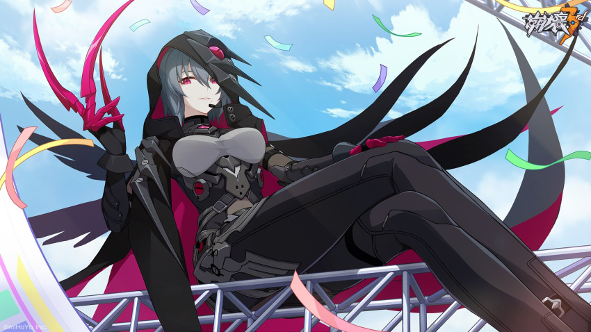 1girl black_bodysuit bodysuit clawed_gauntlets claws confetti day grey_hair highres honkai_(series) honkai_impact_3rd hood hood_up looking_at_viewer mole mole_under_mouth official_art outdoors pink_eyes raven_(honkai_impact) short_hair sitting smile