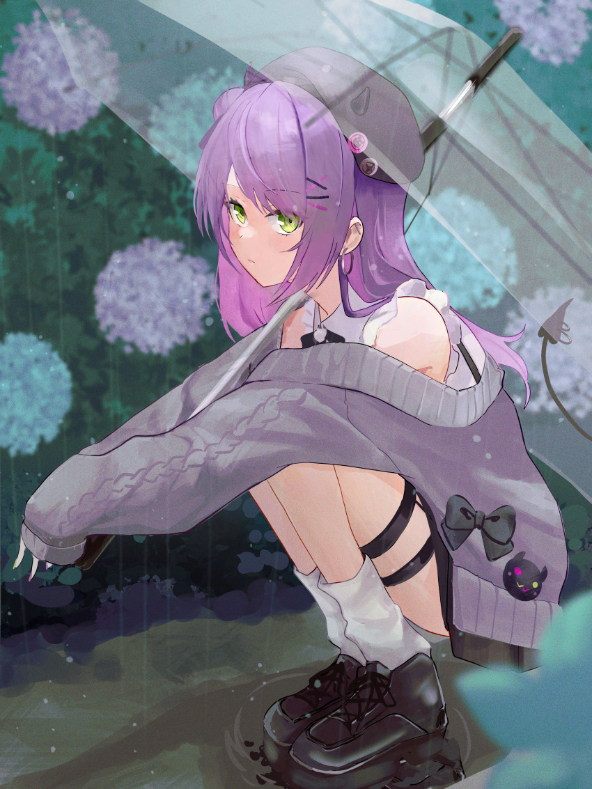 1girl absurdres beret blouse earrings flower frills green_eyes hair_ornament hairclip hat highres hololive hydrangea jewelry long_hair looking_at_viewer nixin404 purple_hair rain shirt sleeveless sleeves_past_wrists solo squatting tail tokoyami_towa umbrella virtual_youtuber