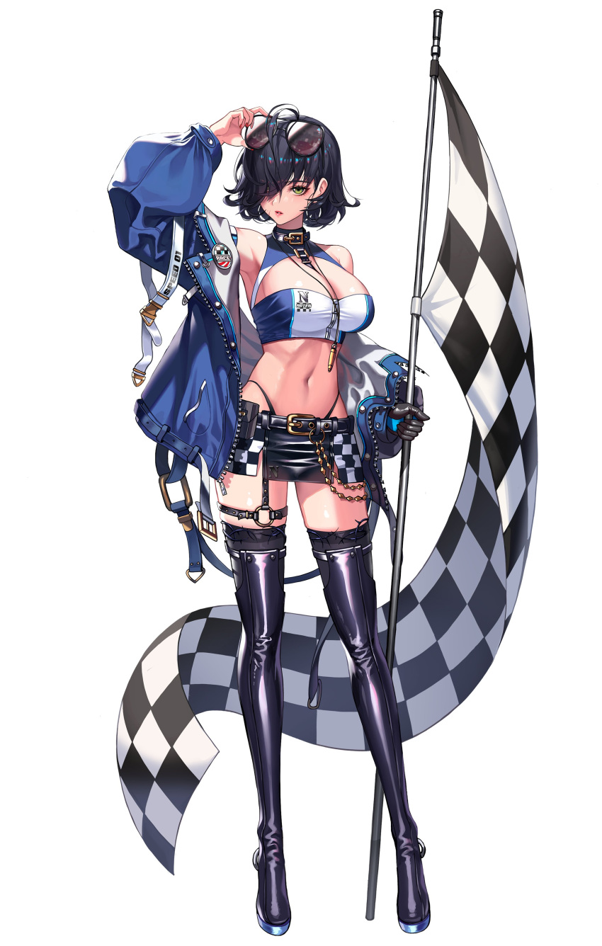 1girl 2v_(joyeong) absurdres adjusting_eyewear arm_up bangs black_gloves black_hair black_survival blue_jacket boots breasts checkered_flag cleavage_cutout clothing_cutout collar crop_top eyewear_on_head flag flagpole glasses gloves green_eyes hair_over_one_eye highleg highleg_panties highres holding holding_flag jacket jewelry large_breasts looking_at_viewer miniskirt navel necklace o-ring official_art one_eye_covered open_clothes open_jacket panties parted_lips racequeen short_hair simple_background single_glove skirt solo standing thigh-highs thigh_boots underwear white_background