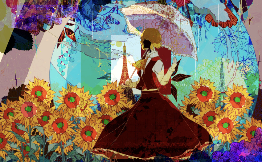 1girl arm_up artist_name ascot atelier_tefu bangs collared_shirt dated eiffel_tower flower frilled_skirt frilled_umbrella frills from_side green_hair highres holding holding_umbrella kazami_yuuka leaf parasol red_skirt red_vest shirt short_hair skirt solo sunflower touhou umbrella vest white_shirt