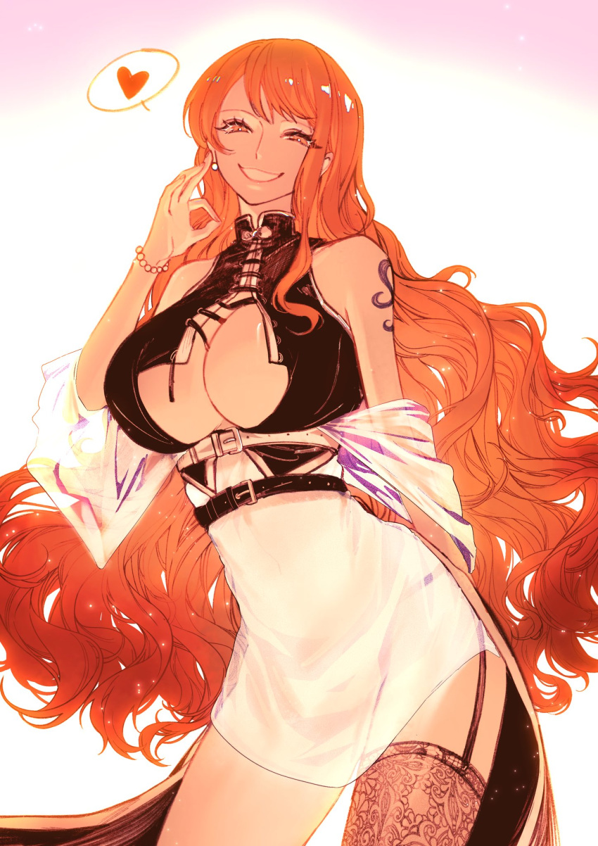 1girl bare_shoulders belt breasts cleavage_cutout clothing_cutout dress earrings garter_belt grin hand_gesture heart highres jewelry large_breasts long_hair looking_at_viewer nami_(one_piece) one_piece orange_eyes orange_hair shoulder_tattoo single_thighhigh smile solo sugawaramu21 tattoo thigh-highs