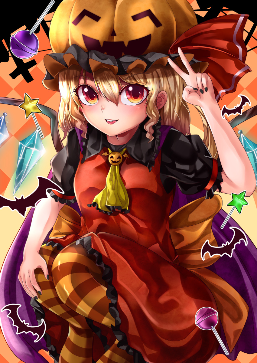 1girl absurdres ascot back_bow bat black_headwear black_nails black_shirt blonde_hair bow candy checkered_background collared_shirt commentary_request crystal eyebrows_behind_hair feet_out_of_frame flandre_scarlet food frilled_shirt_collar frilled_skirt frilled_sleeves frills hair_between_eyes halloween hat highres lollipop looking_at_viewer maboroshi_mochi medium_hair mob_cap multicolored_wings nail_polish no_shoes open_mouth orange_bow orange_eyes orange_legwear pantyhose puffy_short_sleeves puffy_sleeves pumpkin_hat red_skirt red_vest shiny shiny_hair shirt short_sleeves skirt solo striped striped_legwear teeth touhou upper_teeth v vest wand wings yellow_ascot