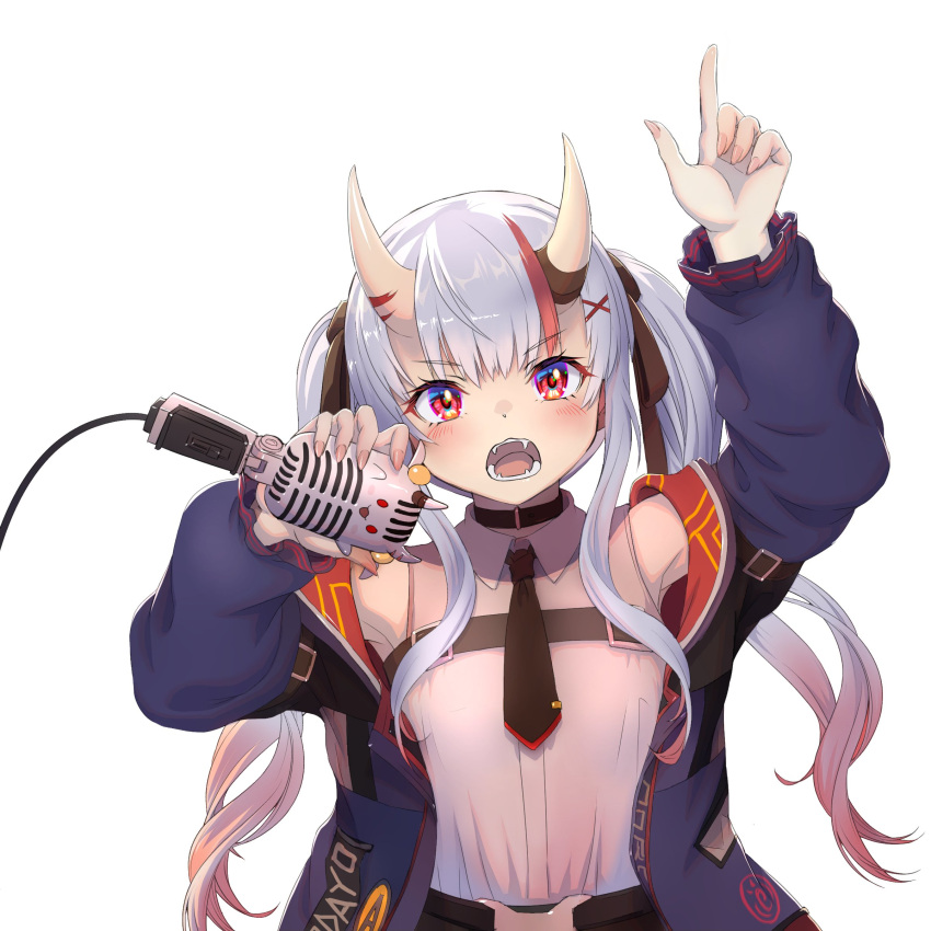 1girl absurdres belt blush breasts fangs hair_ornament highres holding hololive horns jacket long_hair long_sleeves looking_at_viewer microphone nakiri_ayame off_shoulder oni_horns open_clothes open_jacket open_mouth red_eyes shiroi_karasu shirt sleeveless sleeveless_shirt solo teeth twintails upper_body white_shirt